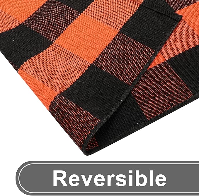 KIMODE Fall Outdoor Rug Buffalo Plaid Orange and Black 3'x5',Washable Cotton Halloween Door Mat,Reversible Fall Front Porch Rug Decor,Checkered Layering Rugs for Entryway,Front Door