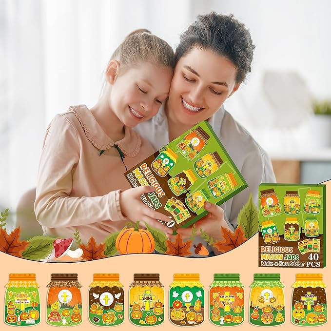 CY2SIDE Fall Religious Pumpkin Jar Sticker - 40PCS Fall Jesus Cross Pumpkin Jar Scene Make a Face Sticker Games for Kids Classroom Rewards, Autumn Theme Thanksgiving Church Sunday School Activities