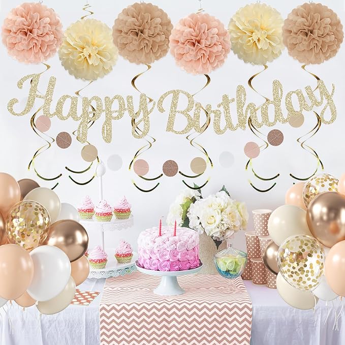 Champagne-Gold Beige Fall Birthday Party Decorations for Women Girls, Autumn Nude Neutral Boho Balloons Decor, Happy Banner, Hanging Swirls Tissue Pom Poms Retro Backdrop Supplies