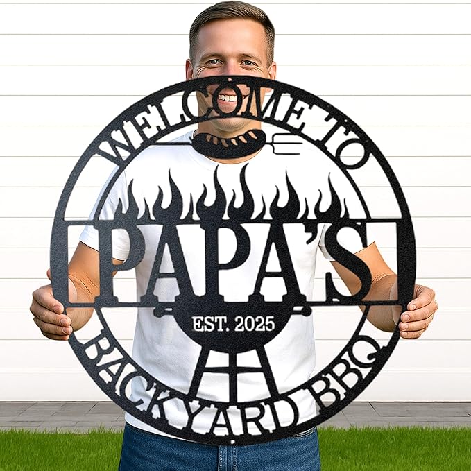Custom BBQ Grill Metal Sign Personalized Name Wall Art for Outdoor Barbecue Patio Kitchen Backyard Decor Gift for Dad Husband Men Papa Grandpa Father Grilling Enthusiasts Family Lover Funny Gifts 26