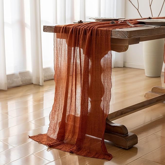 Thanksgiving Fall Table Runner Terracotta Gauze 120 Inch 10 FT Rustic Burnt Orange Sheer Cheese Cloth for Bridal Shower Friendsgiving Party Centerpiece Decor Fall Decorations for Home