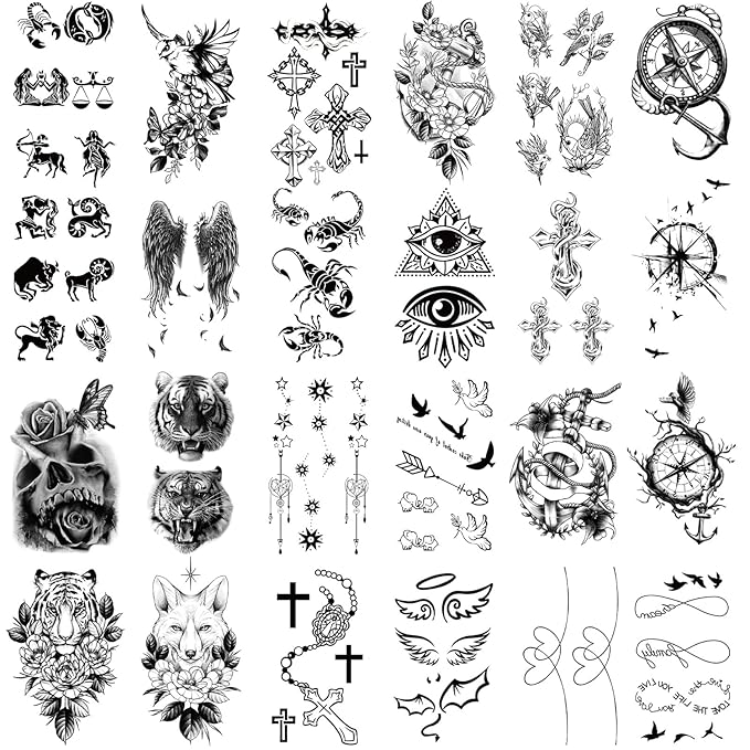 36 Sheets Temporary Tattoo for Men Women Adults, 12 Sheets Large Size Black 3D Half Sleeve Fake Tattoos, Halloween Tattoos Scary Lion Wolf Tiger PantherSnake Skull Skeleton Tattoos Stickers