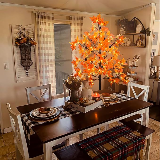 6FT Prelit Fall Maple Tree Decor, 128 LEDs with 8 Acorns 8 Pine Cones & Timer 8 Flashing Modes Artificial Maple Tree Thanksgiving Decor for Fall Home Autumn Halloween Harvest Indoor Outdoor