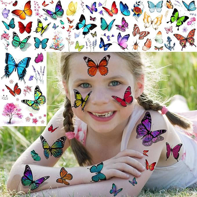 24 Sheets 155+ PCS 3D Colorful Butterfly Temporary Tattoos For Women Arm Boobs, Watercolor Butterfly Tattoos Stickers, Long Lasting Small Fake Tattoos For Kids Girls Adult Neck Cholo Lavender