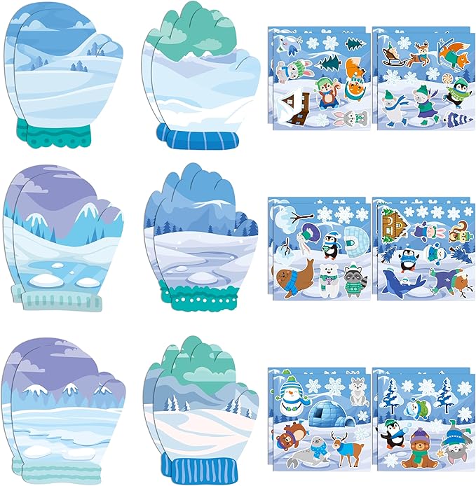 CY2SIDE 12 Set Polar Animal Glove Scene Sticker Art Craft for Kids, Make A Winter Glove Scene with Polar Animal Sticker, DIY Winter Holiday Party Games for School Classroom Activities