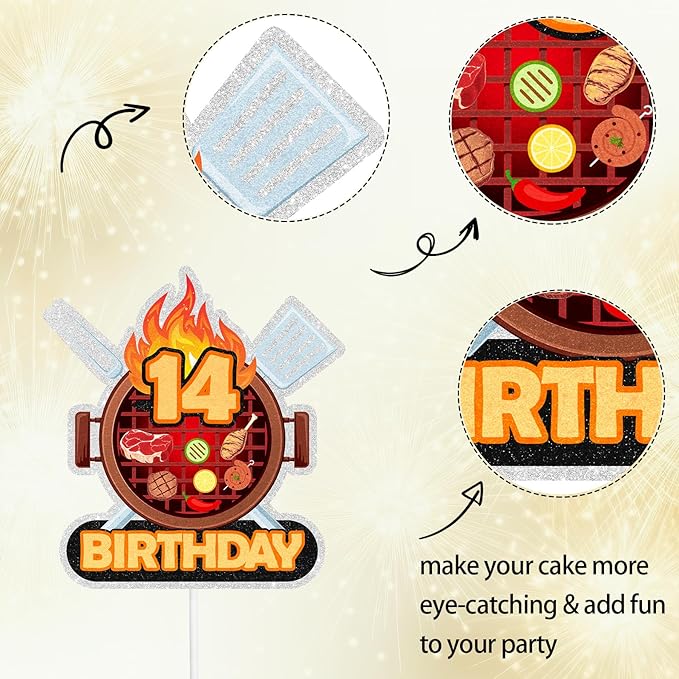 Barbecue Cake Topper Teen BBQ Theme 14th Birthday Happy Sausage Kebab Decoration, Boy and Girl Birthday Party, Summer Outdoor Picnic Party, Anniversary Friend Family Gathering Cooking Grill Decoration