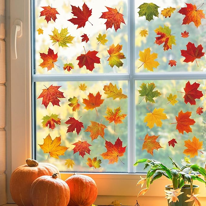 9 Sheets Fall Maple Leaves Window Clings Fall Leaves Double-Sided Window Decals Autumn Maple Leaf Windows Stickers for Autumn Thanksgiving Harvest Home Glass Living Room Bedroom Decoration