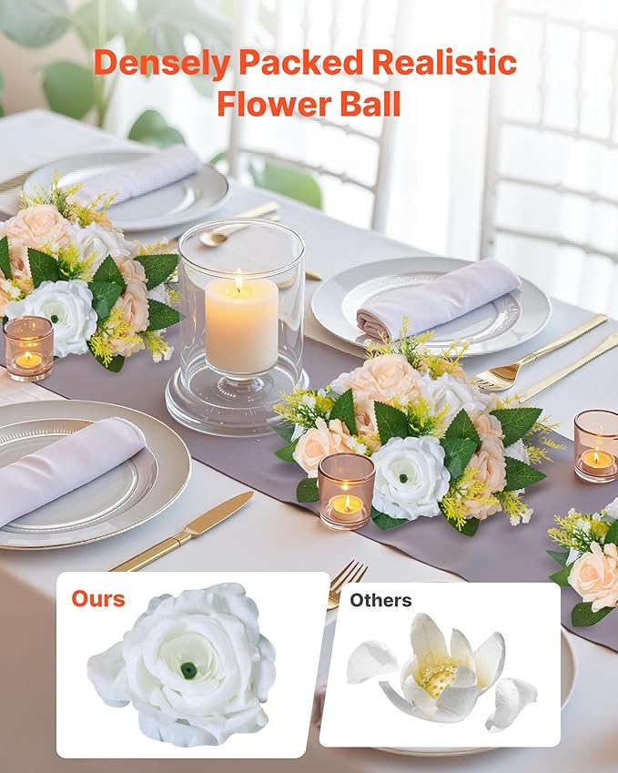 VEVOR Flower Ball Arrangement Bouquet 10 PCS, 9.5-Inch Diameter Artificial Flower Balls Wedding Table Centerpieces, Rose Arrangements for Wedding Centerpiece Home Decoration, Champagne & White Roses