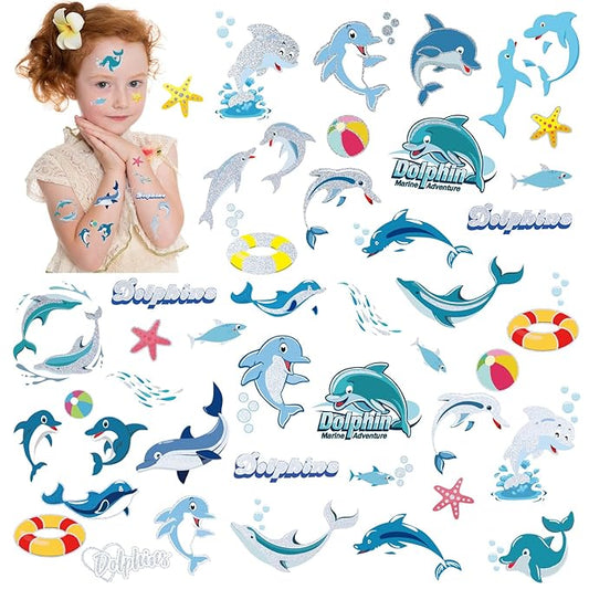 Dolphin Temporary Tattoos for Kids-100+ Glitter Style Underwater Animals Cute Fake Tattoo Waterproof for Girls Boys Body Face Tattoos Stickers Beach Ocean Party Favors Decorations