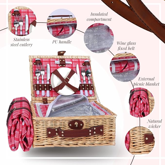 Picnic Baskets Wicker Willow Picnic Set for 4 Persons with Insulated Cooler Bag and Waterproof Picnic Blanket