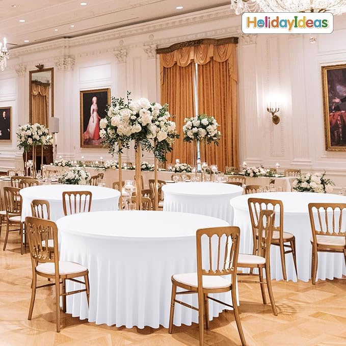 HolidayIdeas White Spandex 72in Round Table Cloths for Wedding, 6ft Fitted Stretch Table Skirts 132 Inch, Wrinkle-Free Ruffle Design Tablecloths for Banquets,Trade Shows, Parties, Events, 4 Pack