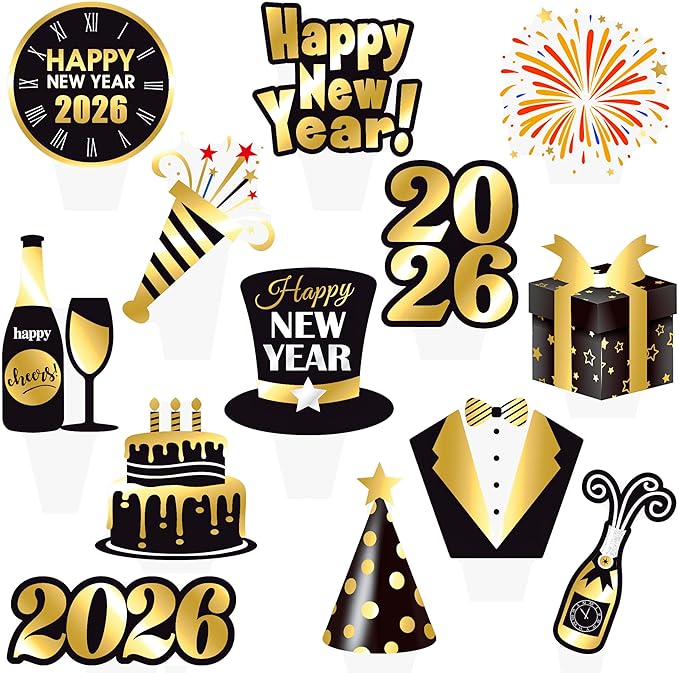 48Pcs New Years Eve Party Cupcake Toppers Happy New Year Countdown Clock Theme Cupcake Toppers for Hello 2026 Party Decorations Midnight Countdown Events Supplies