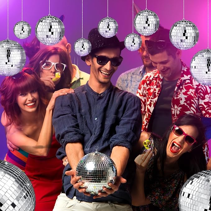 Hoolerry 200 Pcs Mini Mirror Disco Ball Ornaments Mardi Gras Small Silver Hanging Decorations Reflective Tiny Balls Bulk for 70s 80s 90s Disco Party, Christmas Tree(8'', 6'', 4'', 3'', 2,'' 1'')