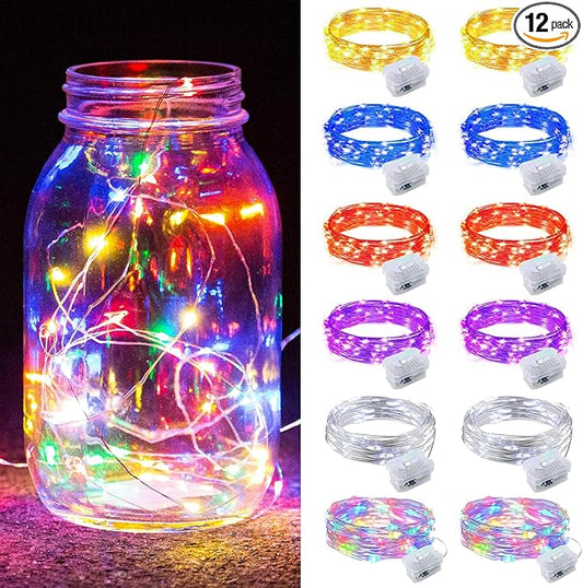 ZGWJ 12 Pack Fairy Lights Battery Operated, 7ft 20 Mini LED Fairy String Lights Silver Wire 3 Modes for DIY, Parties, Wedding, Bedroom, Halloween Christmas Decoration Mixed-Color