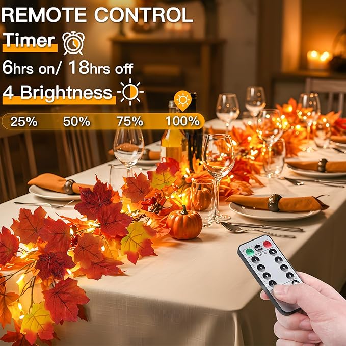 suddus Fall Garland with Lights Battery Operated, 20 LED Lighted Orange Fall Leaf Garland, Thanksgiving Fairy String Lights with Remote for Table, Mantle, Office, Porch, Halloween, Home Decoration