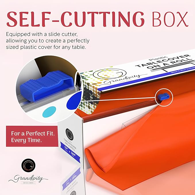 Grandipity Plastic Tablecloth Roll - 54in x 300 Ft. Orange Plastic Table Cloths for Parties Disposable with Cutter Box - Cut to Size Disposable Tablecloth Table Cover for Rectangle & Round