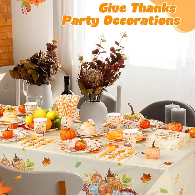 452 Pcs Happy Thanksgiving Party Decorations for 50, Pumpkin Leaves Turkey Give Thanks Paper Plates Napkins Cups Tablecloth Cutlery Straws for Fall Harvest Thanksgiving Theme Party Supplies