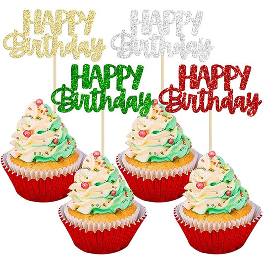 Gyufise 24Pcs Happy Birthday Cupcake Toppers Glitter Birthday Cupcake Food Picks for Celebrating Happy Halloween Theme Party Cake Decorations Supplies Silver Red Green Gold