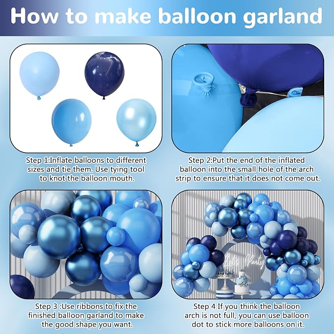 Blue Balloon Garland Arch Kit 12 Inch 90 Pcs Metallic Chrome Pearl Baby Light Dark Royal Blue Latex Balloons for Winter Wonderland Baby Shower Birthday Wedding Ocean Party Decor