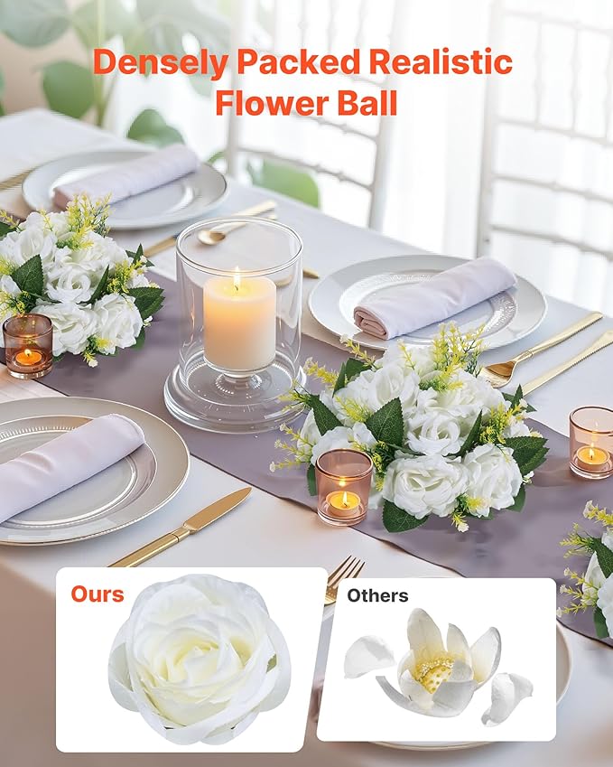 VEVOR Flower Balls Arrangement Bouquet 10 PCS, 9.5-Inch Diameter Artificial Flower Balls Wedding Rose Centerpieces, Faux Flowers Arrangements for Wedding Centerpiece Home Table Decorations, White