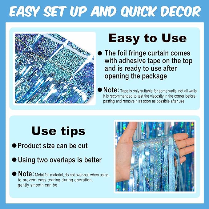 3 Pack Light Blue Foil Fringe Curtains Backdrop, 3.28 x 8.2 Ft Metallic Streamers Tinsel Curtains Background for Photo Booth, Birthday, Christmas, Halloween, Thanksgiving, New Year Party Decorations