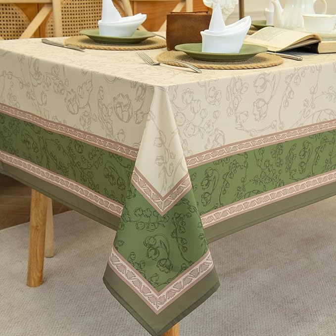 Green Floral Toile Tablecloth Waterproof- Rectangular Vintage Table Cover for Kitchen Parties Coffee Tables, Boho Table Cloth Perfect for Spring Home Decor, W60 x L84