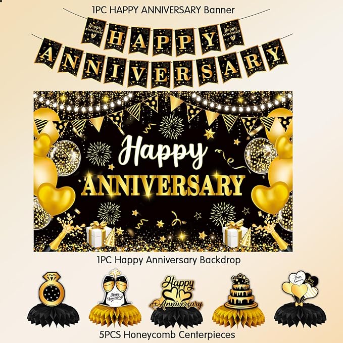 Happy Anniversary Decorations, Black and Gold Wedding Happy Anniversary Party Supplies - Happy Anniversary Banner,Backdrop 5.9 x 3.6Ft with 5pcs Honeycomb Centerpiece Decor