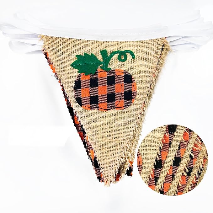 24Ft Burlap Banner - Fall Pumpkin Plaid Pennant Triangle Flag Garland Streamers - Fireplace Decor for Thanksgiving Day, Rustic Autumn Birthday Parties