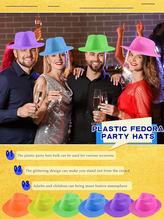 24 Pcs Neon Party Hats Bulk Plastic Fedora Party Hats Glitter Party Gangster Hats for Adult Kids Party Supplies