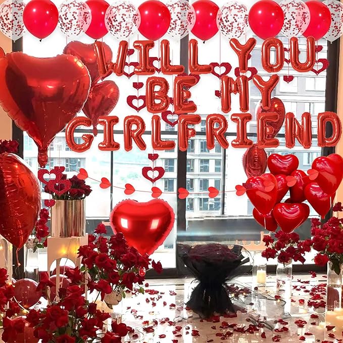 Valentine's Day Decorations Red Will You Be My Girlfriend Balloons - 2000pcs Red Artificial Rose Petals 16" Letter Balloons 18" Foil Latex balloon 20 heart balloon Hanging Swirls Heart Banner