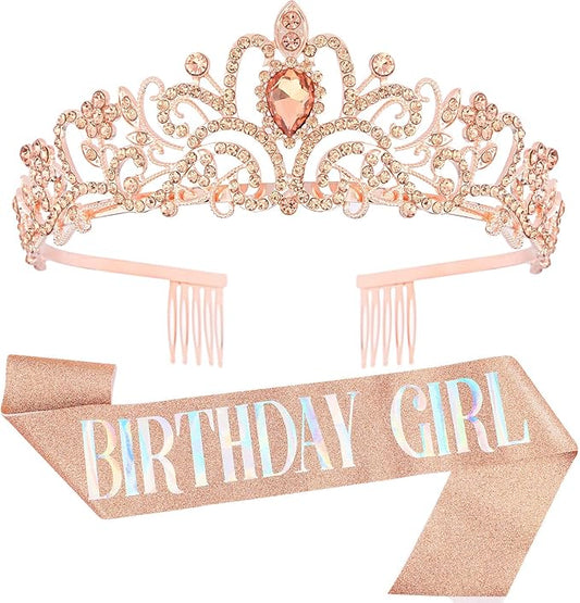 VELSCRUN Birthday Tiara & Crown Set - Princess Sash, Happy Birthday Girl Tiara, Party Decorations & Gifts