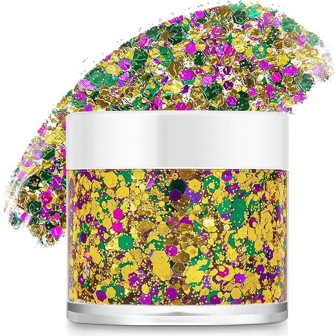 Mardi Gras Accessories Gold Hair Face Glitter,Green Purple Gold Mixed Holographic Body Glitter,Mardi Gras Outfit for Women Kids,Festival Sequins for Body, New Orleans Carnival Decorations