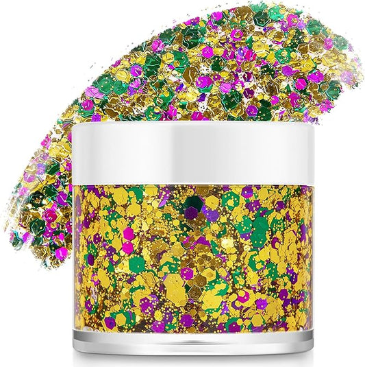 Mardi Gras Accessories Gold Hair Face Glitter,Green Purple Gold Mixed Holographic Body Glitter,Mardi Gras Outfit for Women Kids,Festival Sequins for Body, New Orleans Carnival Decorations