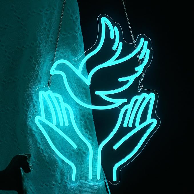 JLEWUINH Peace Dove Neon Sign for Wall Decor Flying Pigeon Neon Light Dimmable Jesus Light Up Sign God Hands Led Light Sign for Christian Church Easter Party Club (16.5 * 12.6 In)