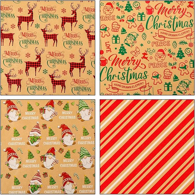 MAYPLUSS Christmas Wrapping Paper Jumbo Rolls - 30IN X 120IN - 4 Roll - Kraft Merry Christmas Reindeer Gnome Stripe for New Year Holiday Party Kids