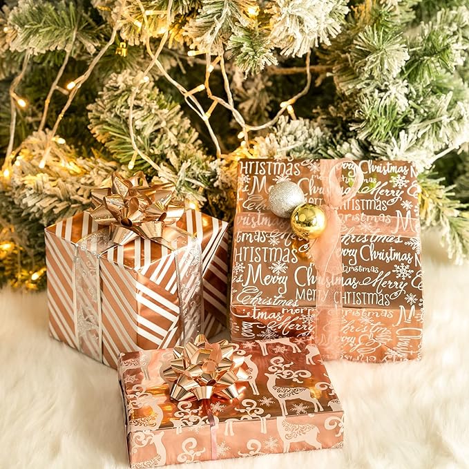 MAYPLUSS Christmas Wrapping Paper Roll - Mini Roll - 17 inch X 120 inch Per roll - 3 Different Rose Gold Design with Glitter Metallic Foil Shine (42.3 sq.ft.ttl)