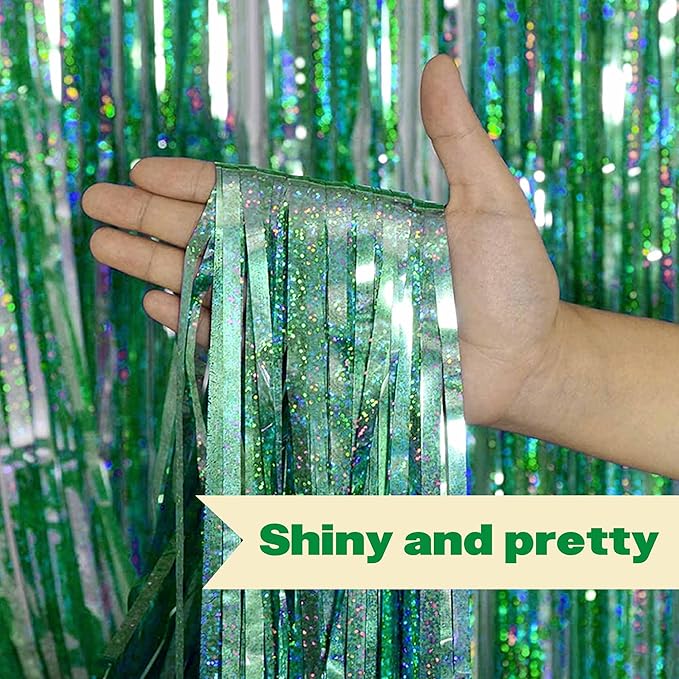 6 Pack Light Green Foil Fringe Curtains Backdrop, 3.28 x 8.2 Ft Metallic Streamers Tinsel Curtains Background for Photo Booth, Birthday, Christmas, Halloween, Thanksgiving, New Year Party Decorations