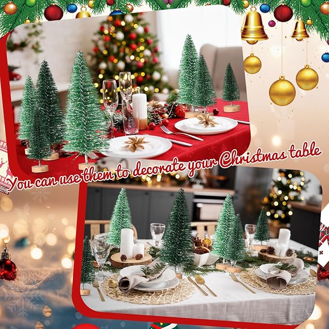 SATINIOR 60 Pieces Artificial Mini Christmas Tree Sisal Snow Trees Bottle Brush Christmas Trees Pine Trees Ornaments with Wooden Base for Christmas (Dark Green, Green,1.8/2.6/3.4/4.9/6.3 Inch)