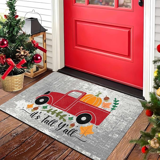 Fall Door Mat Outdoor for Front Door, Fall Decorations for Home Welcome Doormat Non-Slip Washable Autumn Pumpkins with Truck Doormat Entrance Rug for Indoor Outdoor, 30"x18"inch