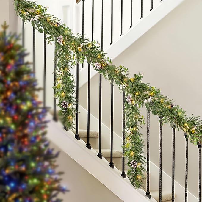 6FT Christmas Garlands with 20 LED Lights,Prelit Articial Spruce Garland with Eucalyptus Berry Pinecone,Battery Operated for Stair Winter Indoor Home Decor