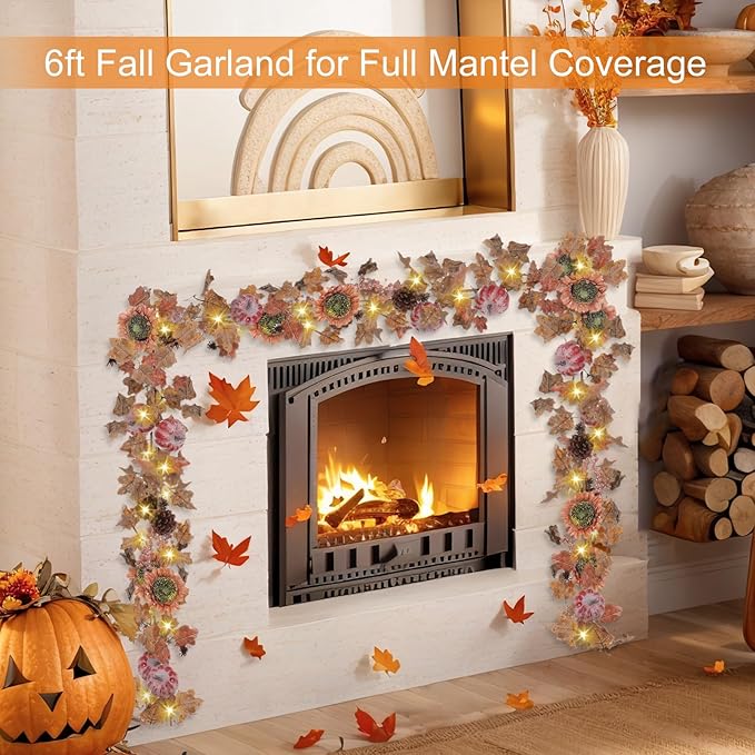 Artgar Fall Sunflower Garland - 6 Ft Fall Garland with 30 Warm Lights with Pumpkin Pinecone Berry for Thanksgiving Harvest Halloween Mantel Table Porch Railing Indoor Outdoor Decor