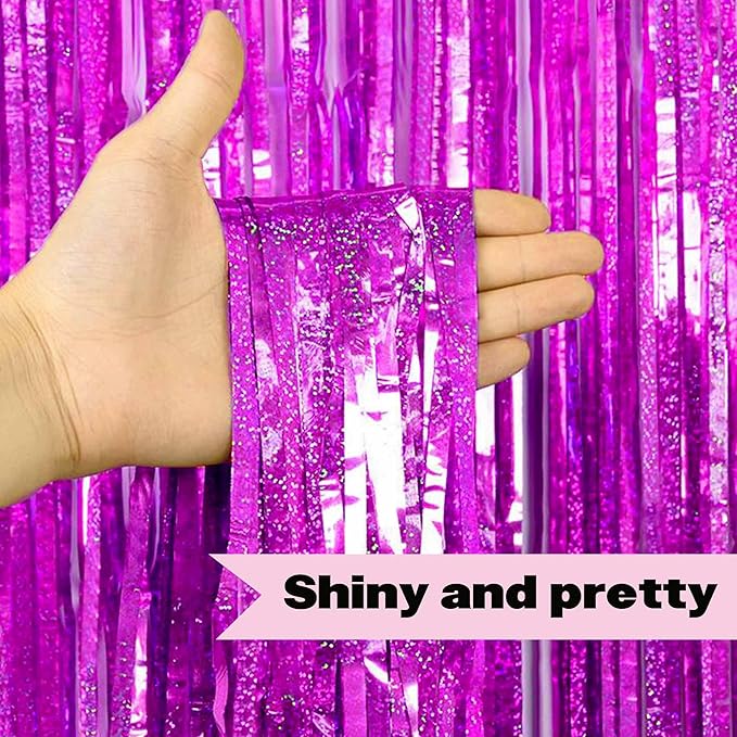 6 Pack Fuchsia Foil Fringe Curtains Backdrop, 3.28 x 8.2 Ft Metallic Streamers Tinsel Curtains Background for Photo Booth, Birthday, Christmas, Halloween, Thanksgiving, New Year Party Decorations