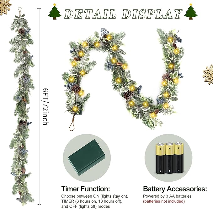 Artgar 6 Ft Christmas Garland, Pre-Lit Christmas Garland - Artificial Garland Christmas Decorations with 30 LED Lights Decorated with Pinecones, Berries for Mantels Dining Tables Porch Decor (Blue)