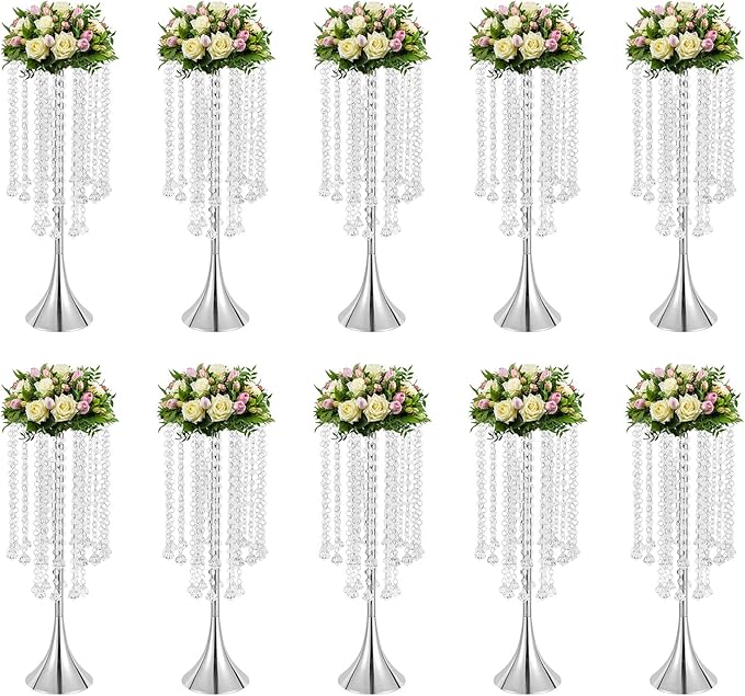 Wedding Centerpieces Silver Vases,10PCS Metal Flower Candle Holder with Sparkling Crystal Beads,Crystal Flower Vase Metal Flowers Stand for Party Tables Decorations (10PCS-Sliver-3)