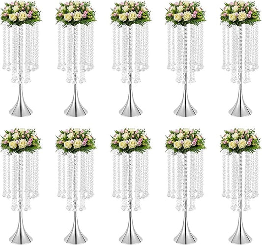 Wedding Centerpieces Silver Vases,10PCS Metal Flower Candle Holder with Sparkling Crystal Beads,Crystal Flower Vase Metal Flowers Stand for Party Tables Decorations (10PCS-Sliver-3)