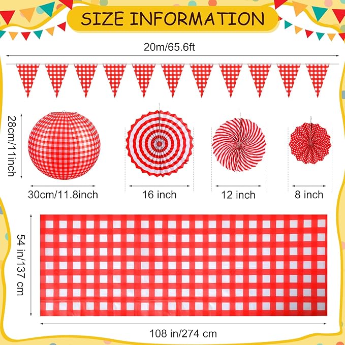 Hortsun 18 Pcs Red Gingham Party Supplies Include Checkered Paper Lanterns Plastic Tablecloth Pennant Banner Hanging Paper Fans for Picnic BBQ Baby Shower Birthday Wedding Family Dinner