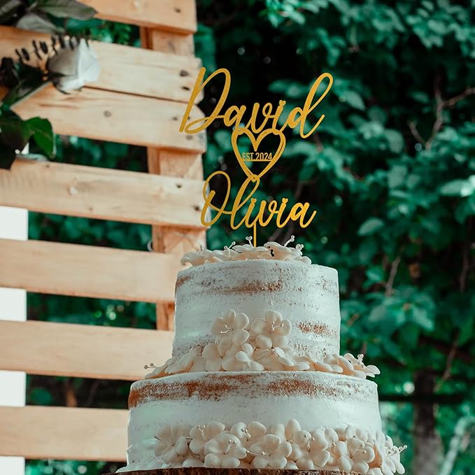 Noni Luxury Personalized Wedding Cake Topper with date and hear, Custom Cake topper, Personalized Cake Topper, Gold Cake Topper wedding, Rustic Wedding Cake Topper, Mr and Mrs Topper for Wedding Cake