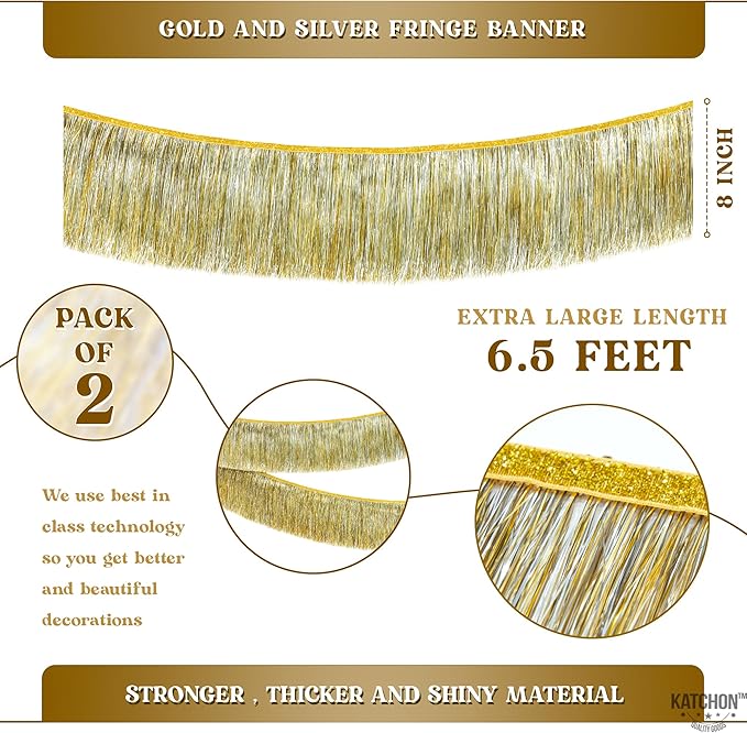 KatchOn, Silver and Gold Fringe Banner Garland - 6.5 Feet, Pack of 2 | Gold Fringe Garland for Golden Birthday Decorations | Golden, Silver Streamers for, Bridal Shower, Bachelorette Party Decorations