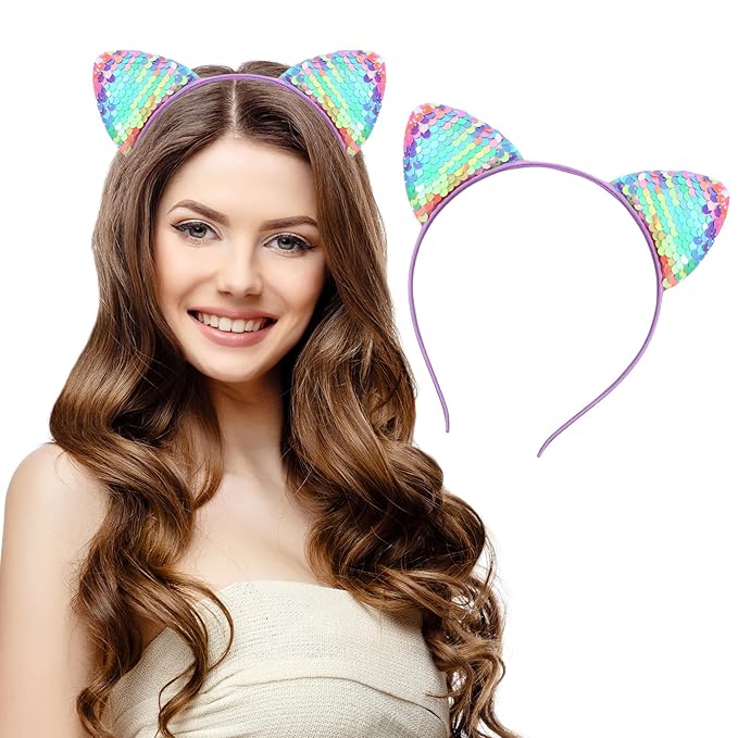 3Pcs Sequin Cat Ear Headbands, Shiny Cat Hairwear Cute Kitty Hair Accessories Hair Band Party Decoration Cosplay for Girls Women