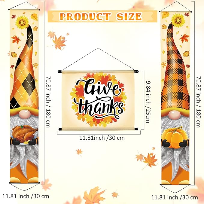 Breling 3 Pieces Fall Thanksgiving Porch Banner Sign Welcome Gnome Pumpkin Turkey Door Banner Thanksgiving Hanging Decoration 12x71 Inch for Home Front Door Harvest Outdoor Yard Party Supplies